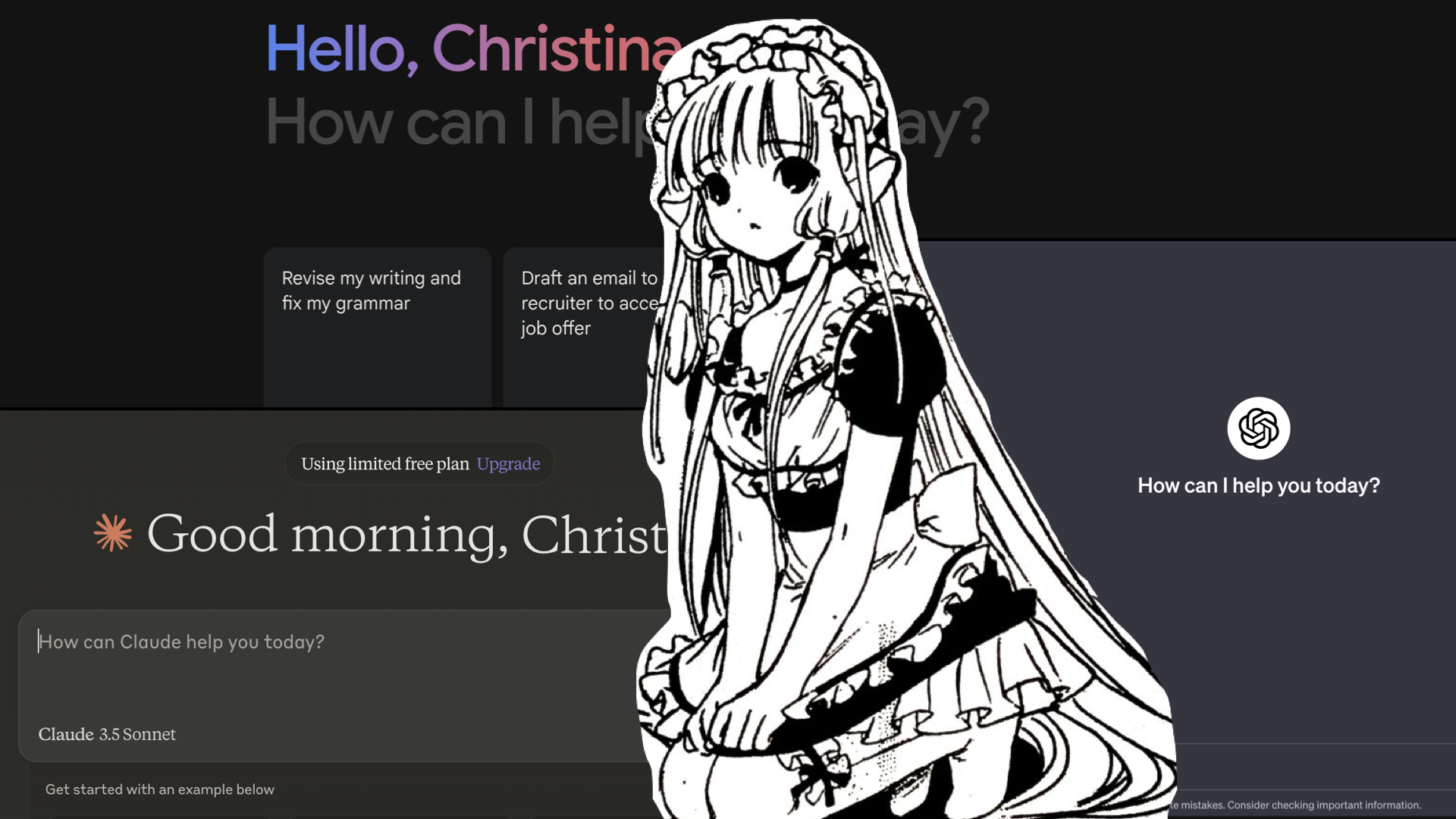 Anime maid girl in front of chatbot UI of Claude, ChatGPT, and Gemini